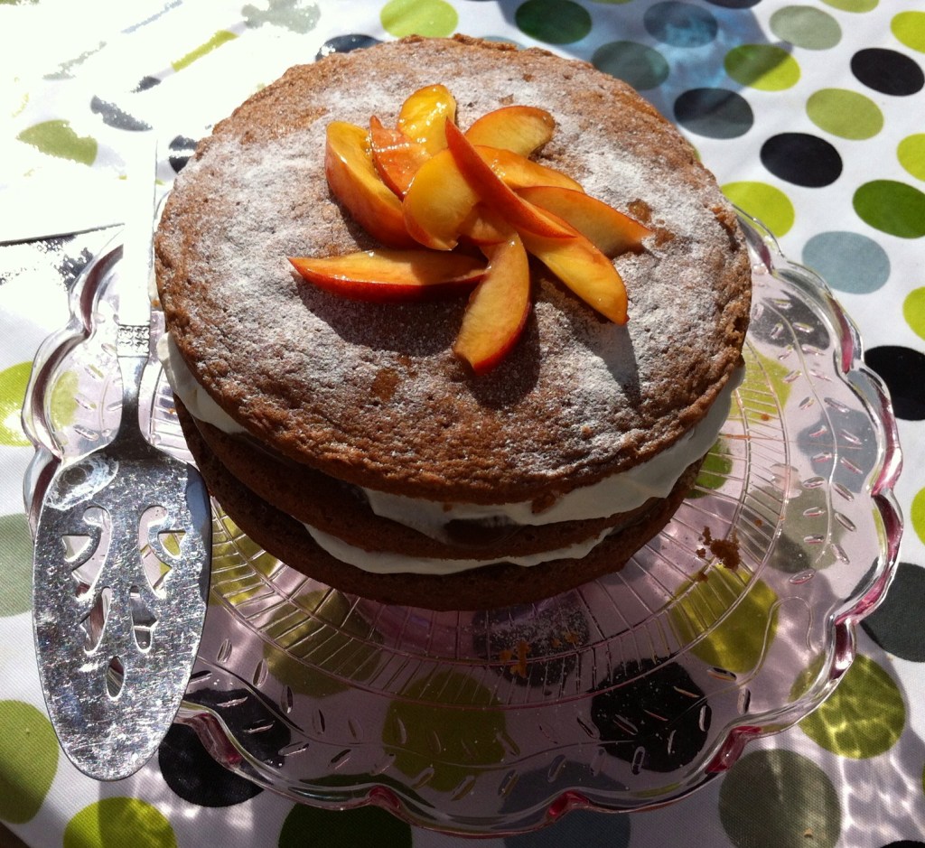 Nectarine, caramel and whipped cream layer cake