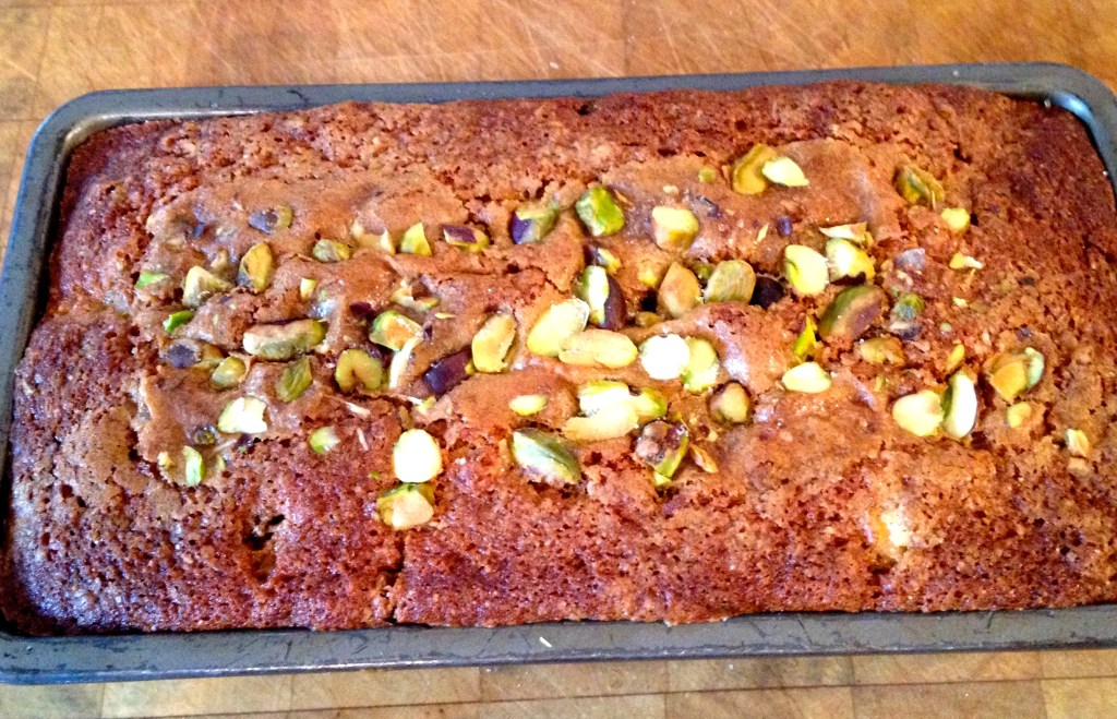 Pistachio topped banana loaf cake