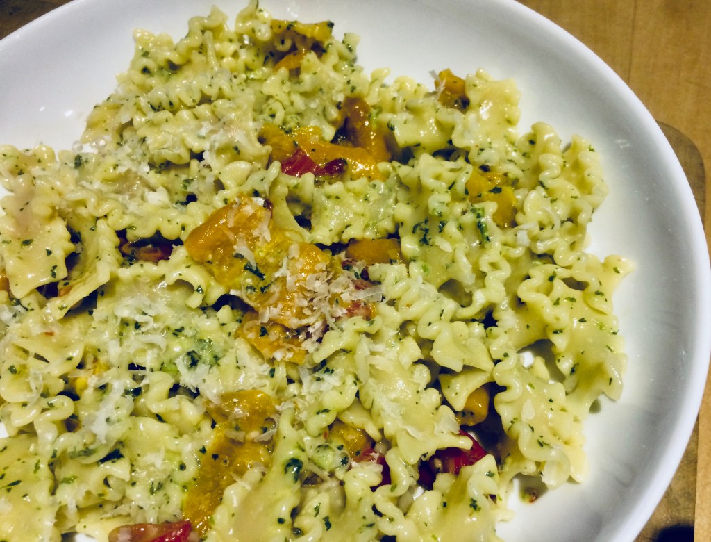 Mafalda Corta pasta with parsley pesto and pepper&nbsp;sauce