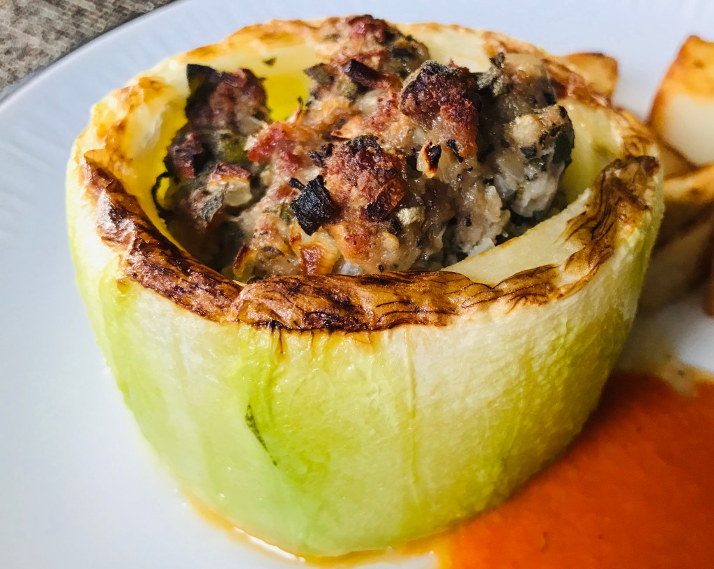 Marrow stuffed with sausage meat and sage