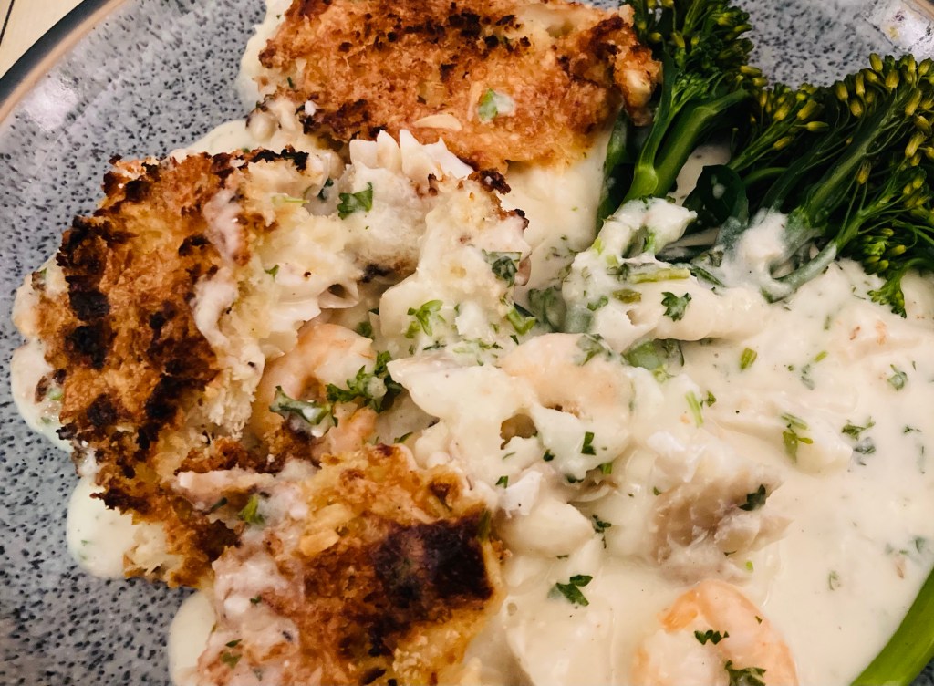 Haddock and prawn gratin