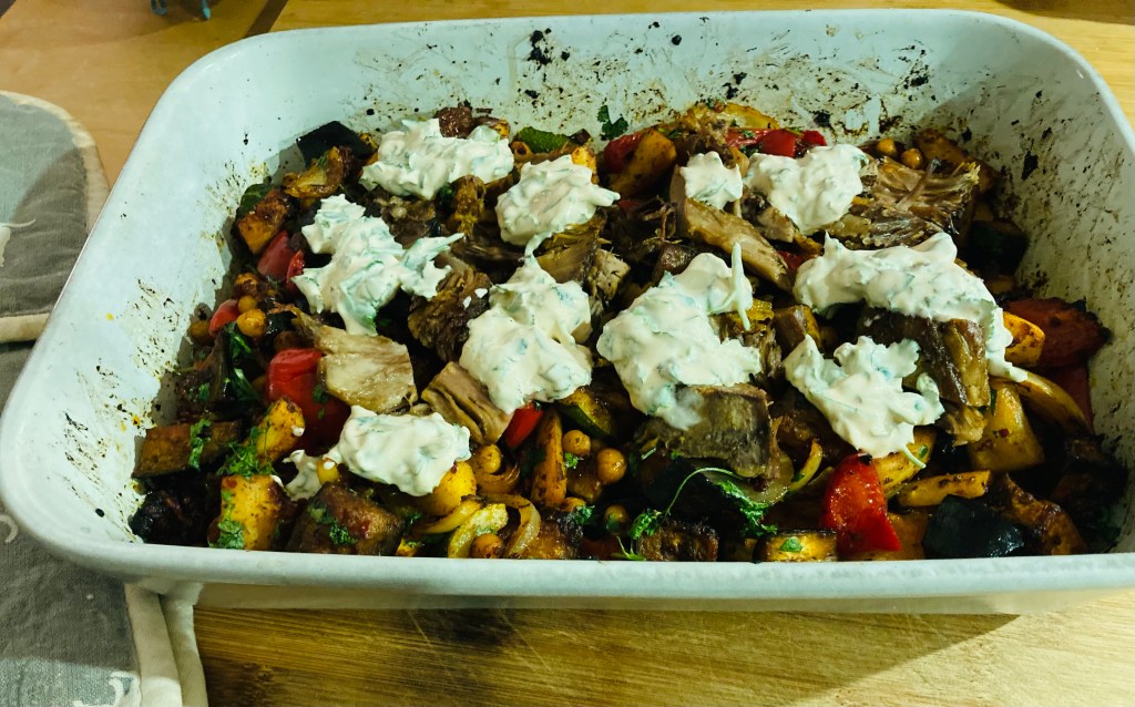 Harissa roasted chickpea and vegetable traybake