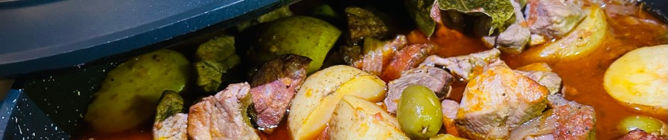 Pork with chorizo, potatoes and olives
