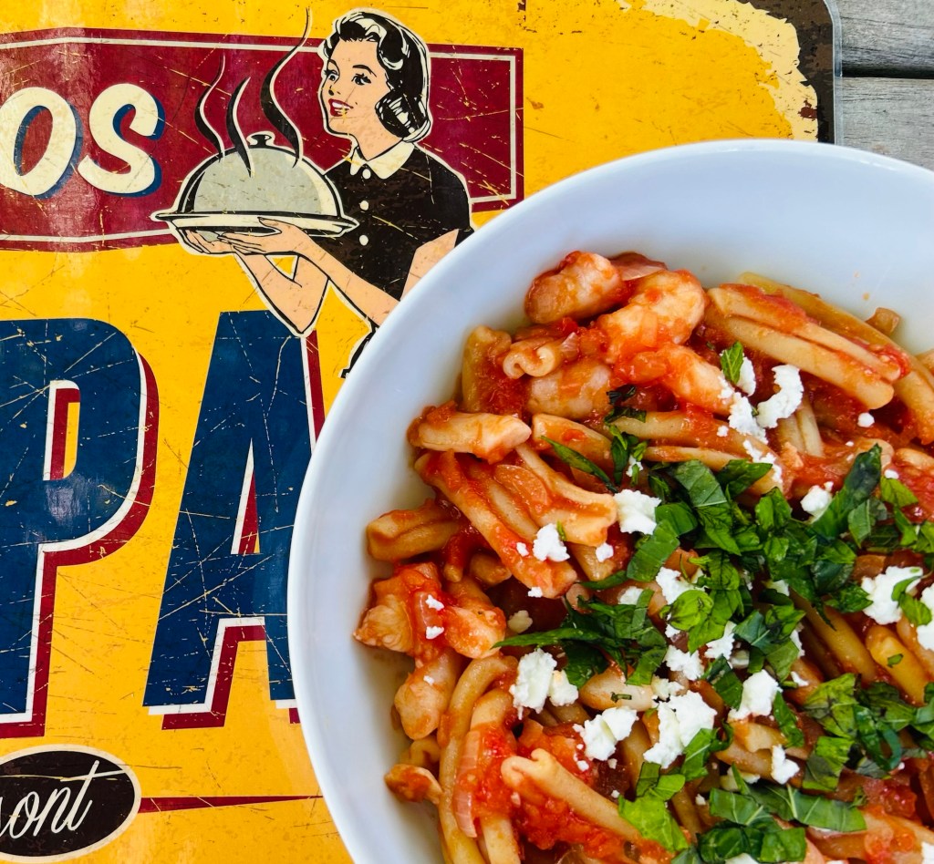 Pasta with prawns feta and mint