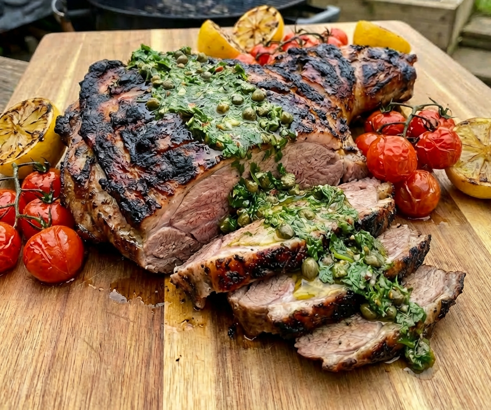 BBQ leg of lamb topped with salsa verde