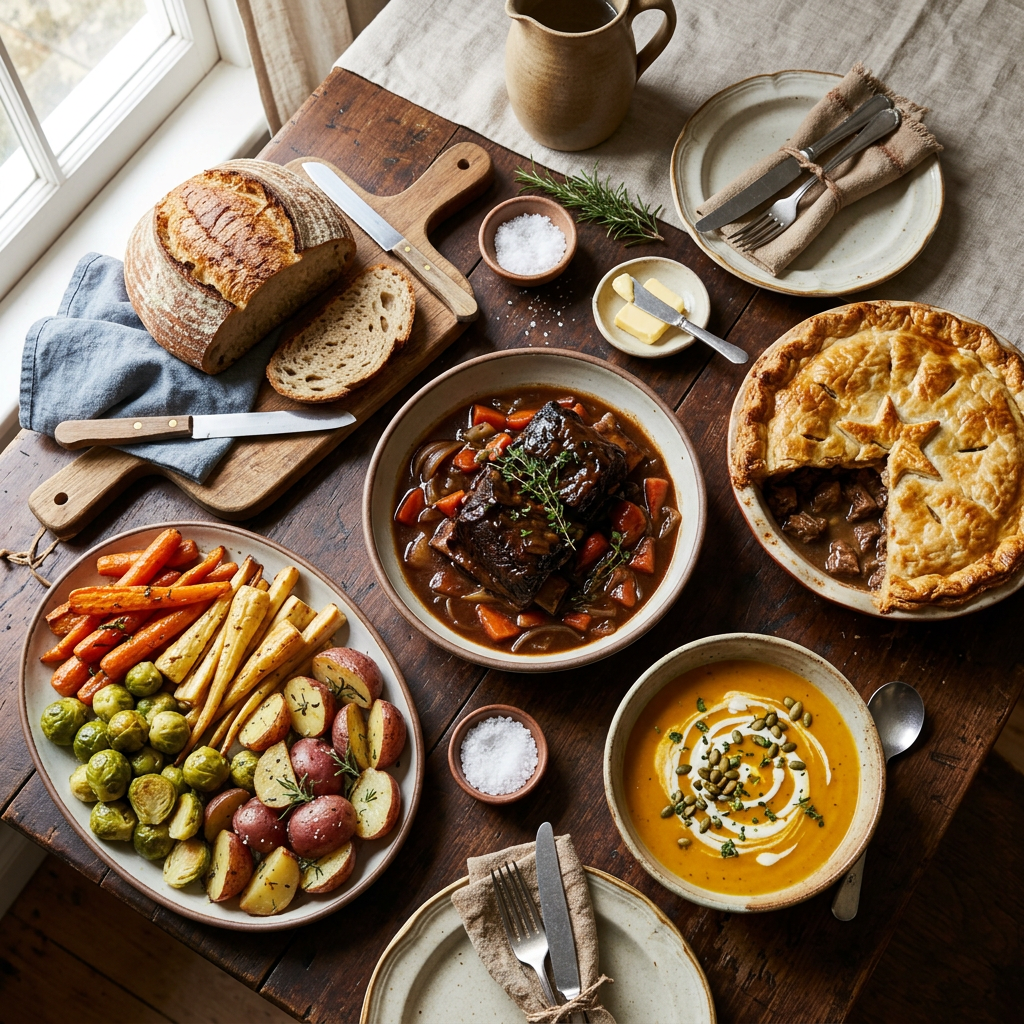 Rustic table spread with pot pie, braised meat, roasted vegetables, soup, and bread