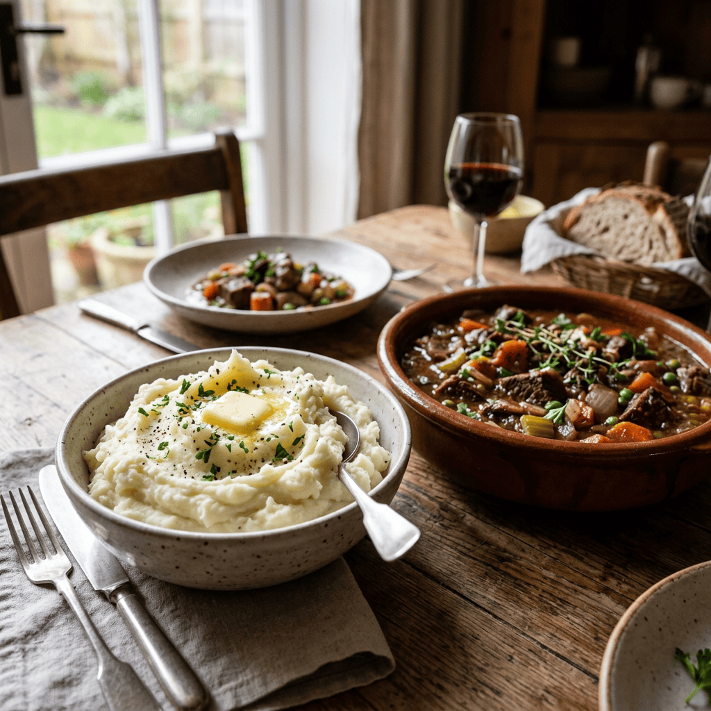 Mashed potatoes and beef stew served on a rustic dining table